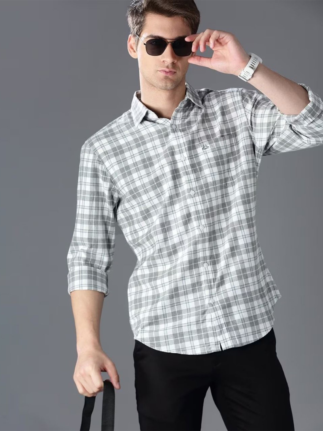 

British Club Men Comfort Slim Fit Tartan Checks Opaque Checked Casual Shirt, Grey