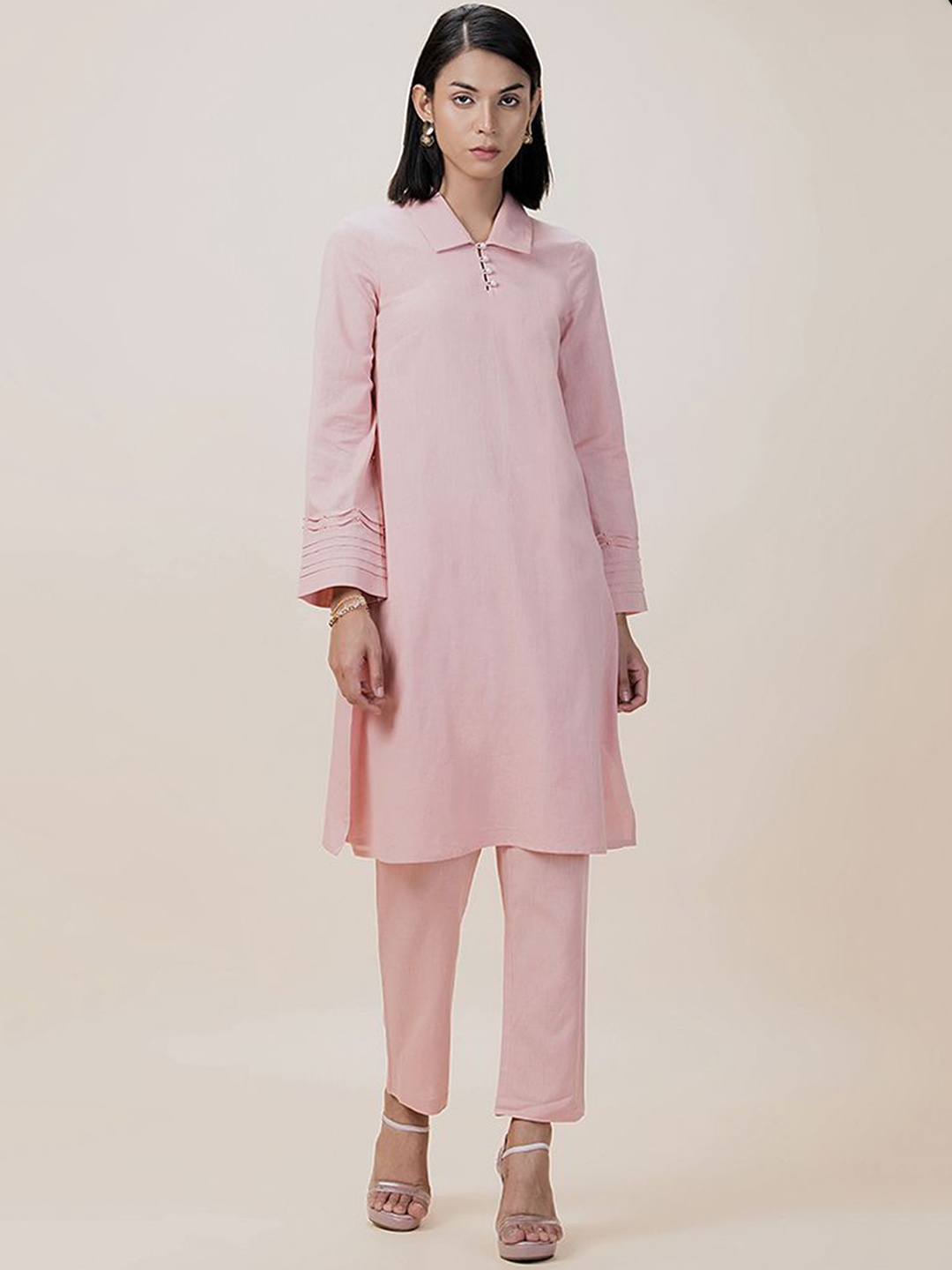 

BARARA ETHNIC Shirt Collar Flared sleeves Linen Straight Kurta with Trouser, Pink