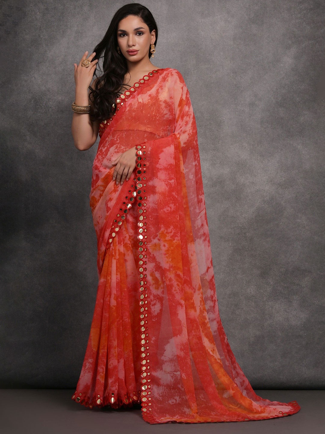 

Panzora Embellished Mirror Work Saree, Red