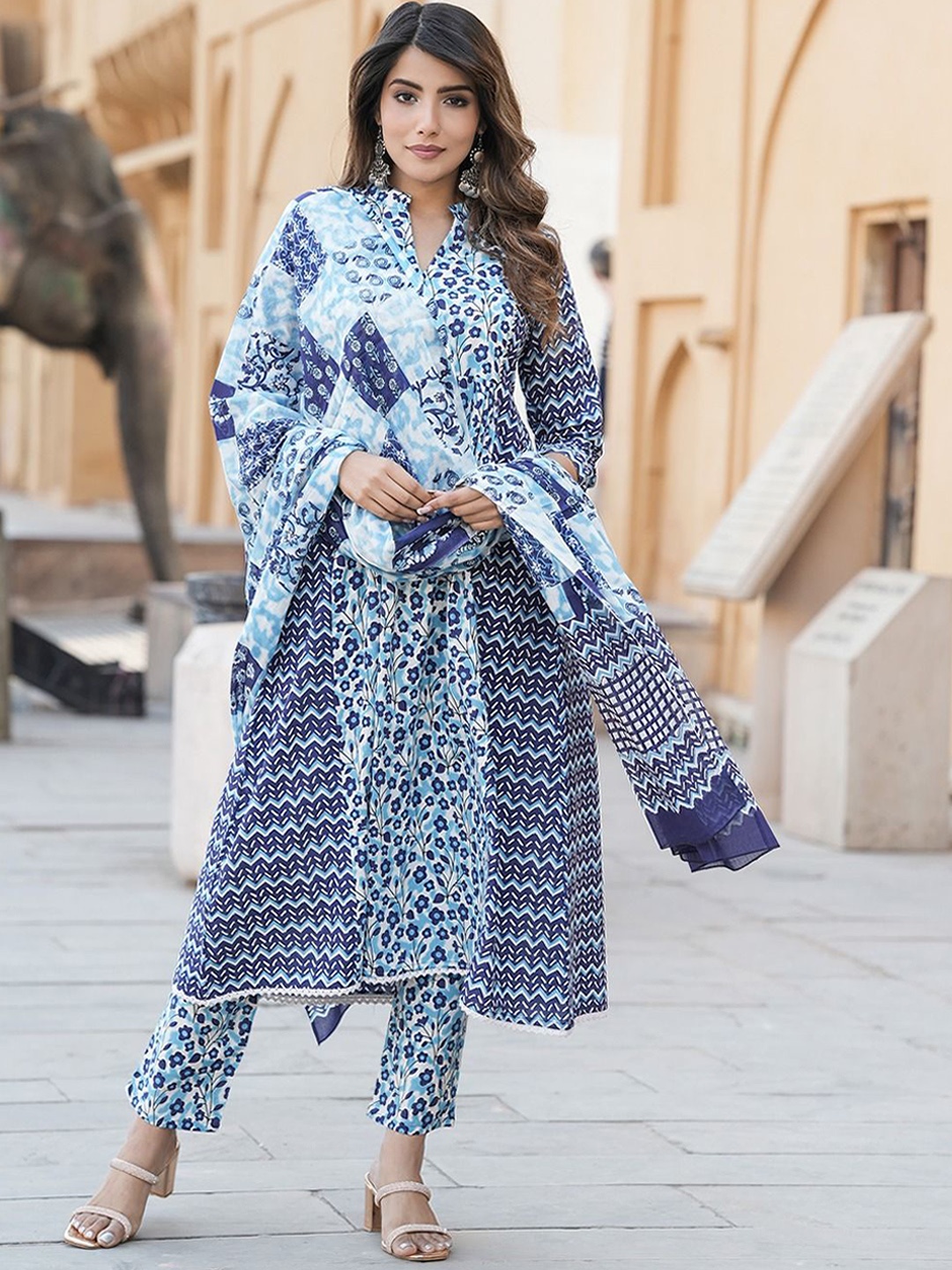 

KALINI Geometric Printed Pure Cotton Anarkali Kurta With Trousers & Dupatta, Blue