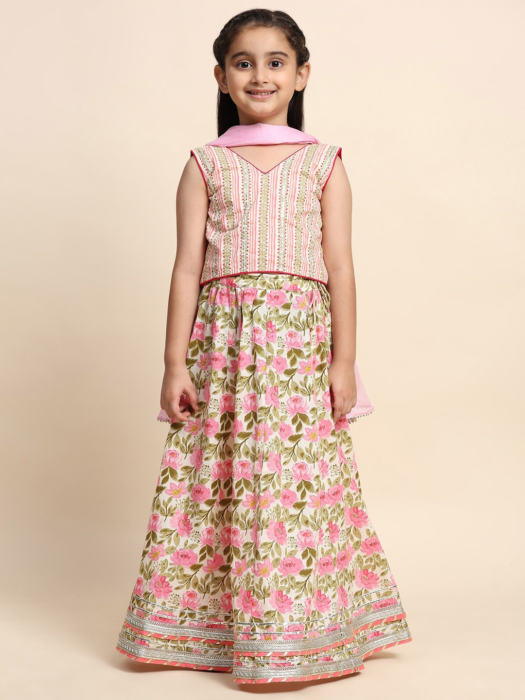 

Maaesa Girls Printed Ready to Wear Lehenga & Blouse With Dupatta, Pink