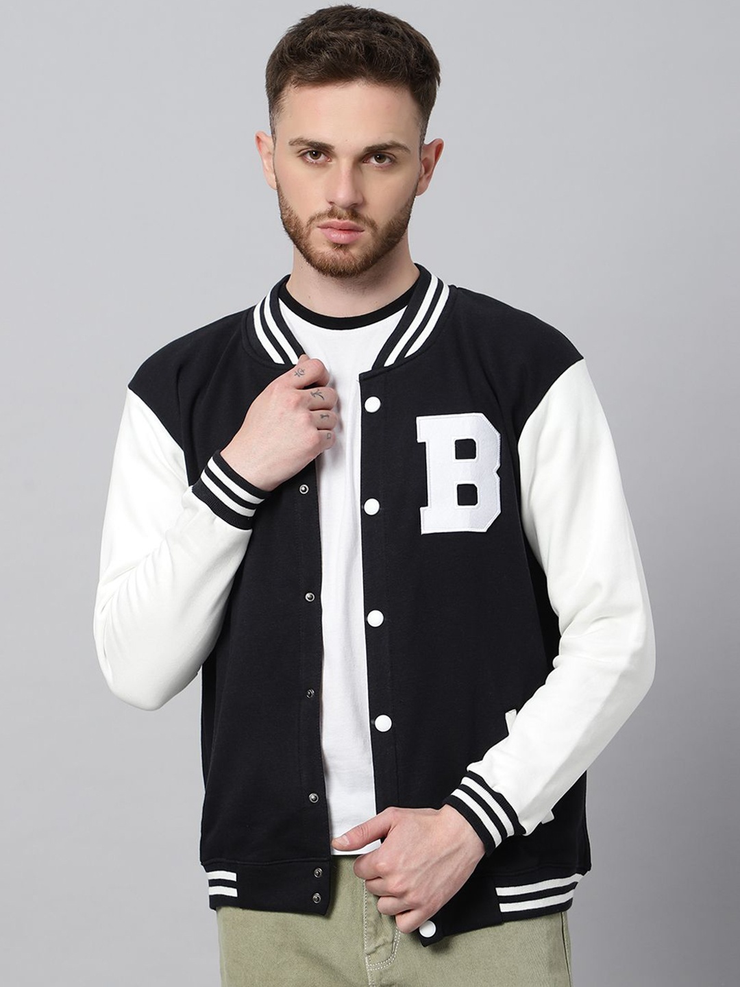 

Be Savage Men Camouflage Windcheater Outdoor Varsity Jacket with Patchwork, Black