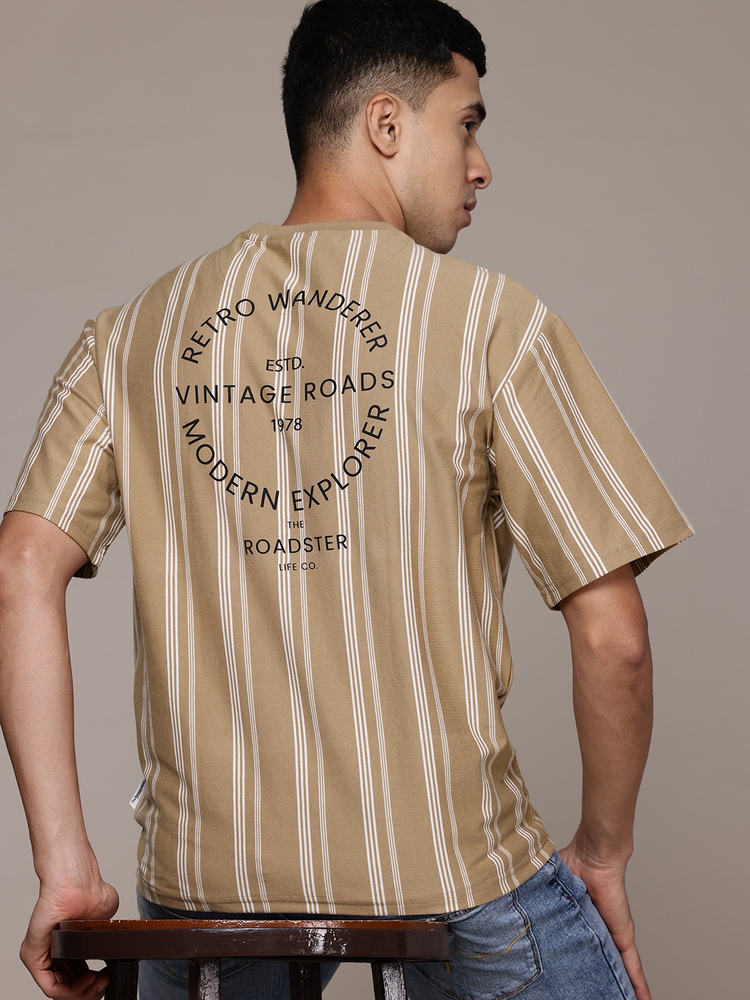 

The Roadster Lifestyle Co. Striped Drop-Shoulder Relaxed Fit T-shirt, Beige