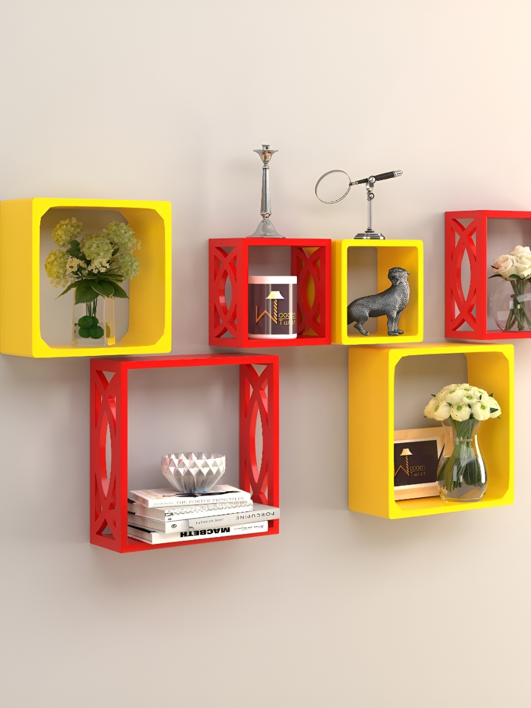 

Wooden Twist Red & Yellow Square Nesting Wooden Basic Wall Shelf