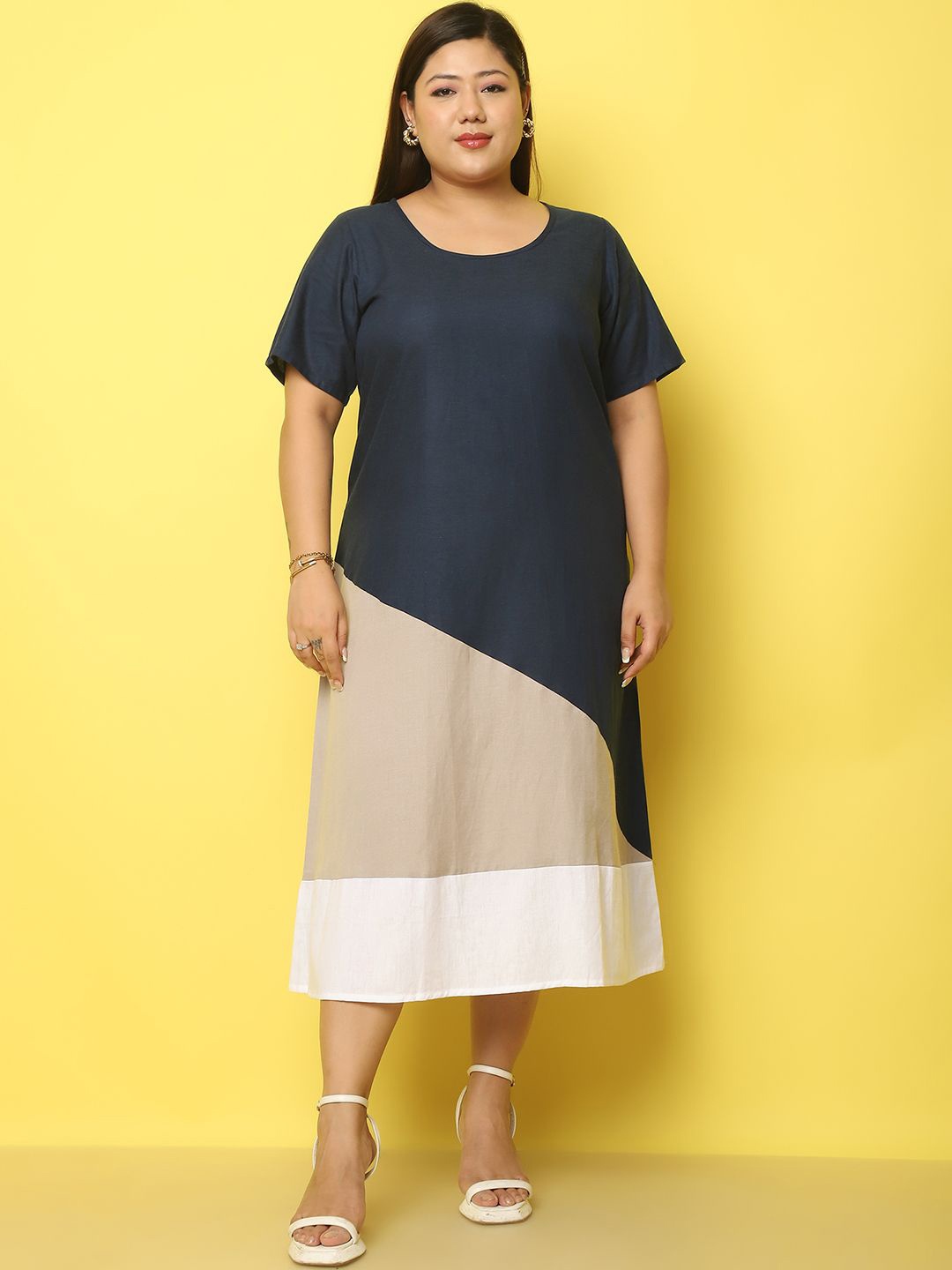 

theRebelinme Colourblocked Linen A-Line Midi Dress, Navy blue