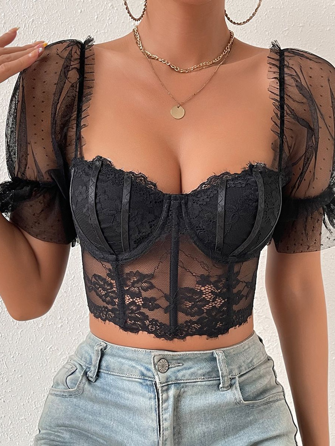 

StyleCast Sweetheart Neck Flared Sleeve Bralette Crop Top, Black