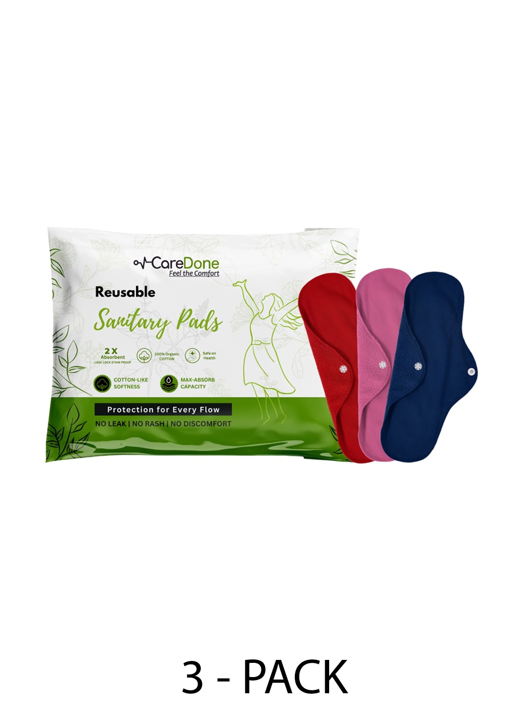

CareDone Set Of 3 Reusable 100% Organic Cotton Sanitary Cloth Pads - XL, Pink