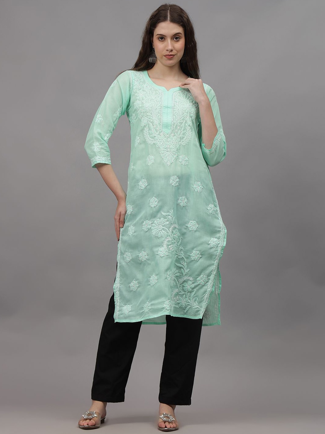 

Seva Chikan Ethnic Motifs Embroidered Cotton Chikankari Straight Kurta, Sea green