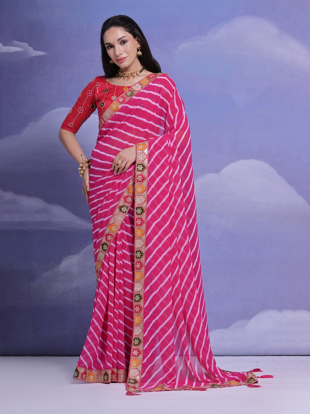 

Panzora Striped Embroidered Saree, Pink