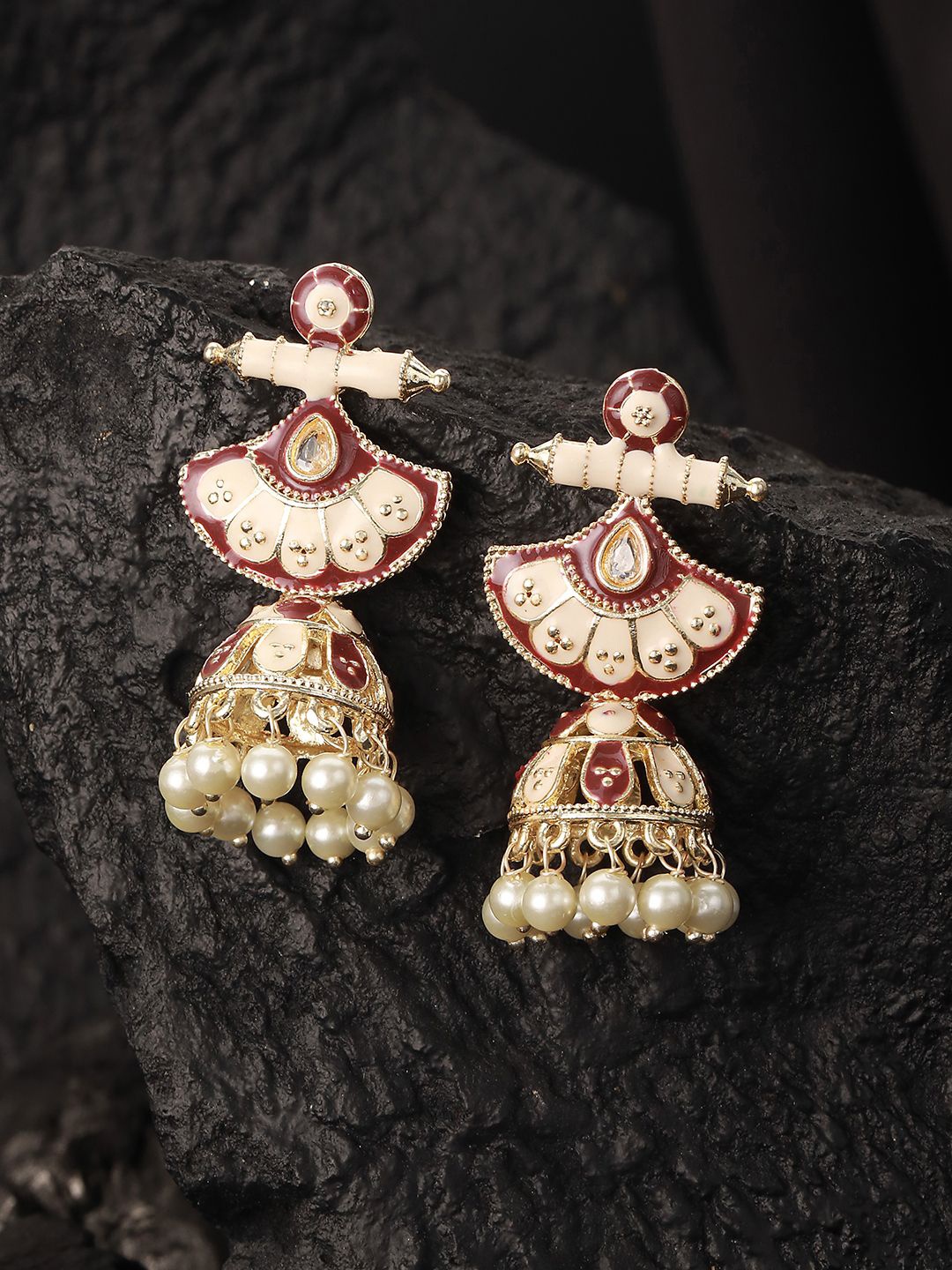 

Jazz and Sizzle Gold Plated Dome Shaped Pearls Beaded Meenakari Jhumkas