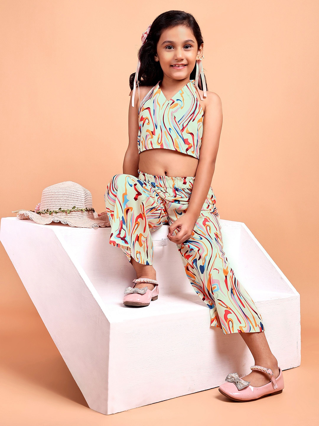 

YK Girls Printed Halter Neck Top with Palazzos, Yellow