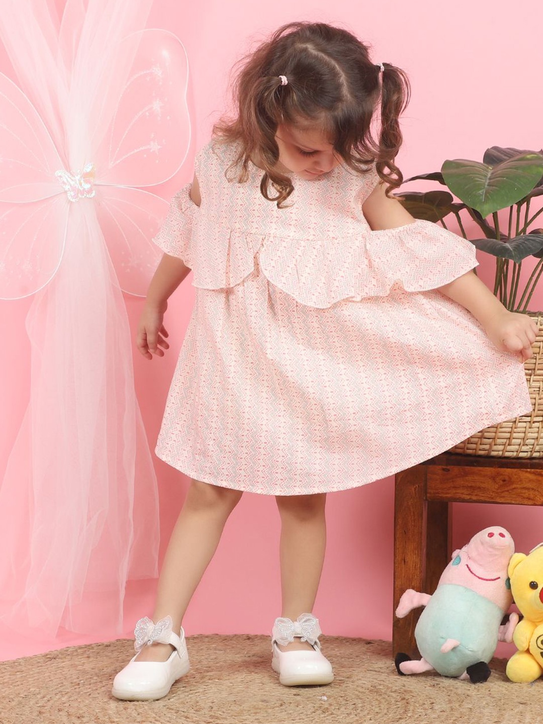 

Polka Tots Print Cold-Shoulder A-Line Dress, Pink