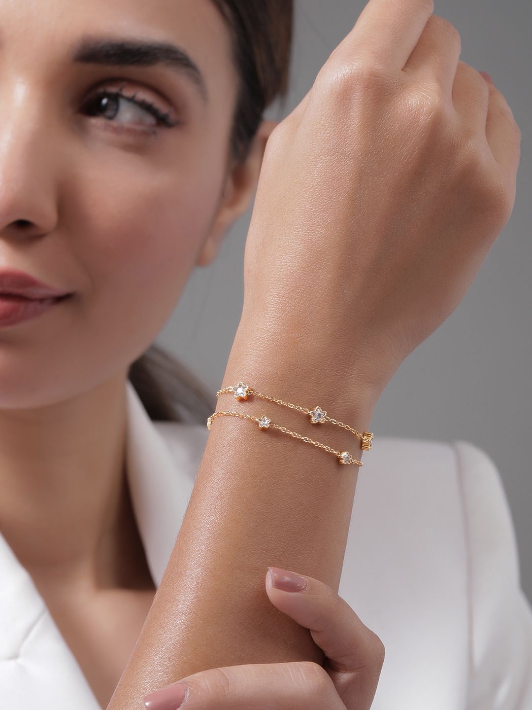 

Rubans 18K Gold Plated Stainless Steel TarnishFree Waterproof CZ Demi-Fine Layer Bracelet