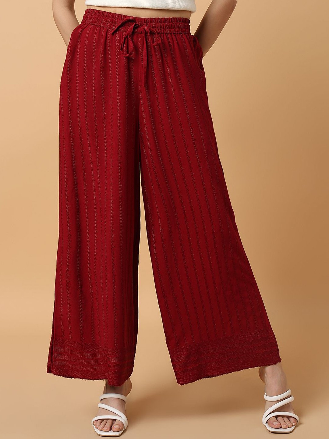 

SHOWOFF Women Embroidered Comfort Loose Fit Pleated Trousers, Maroon