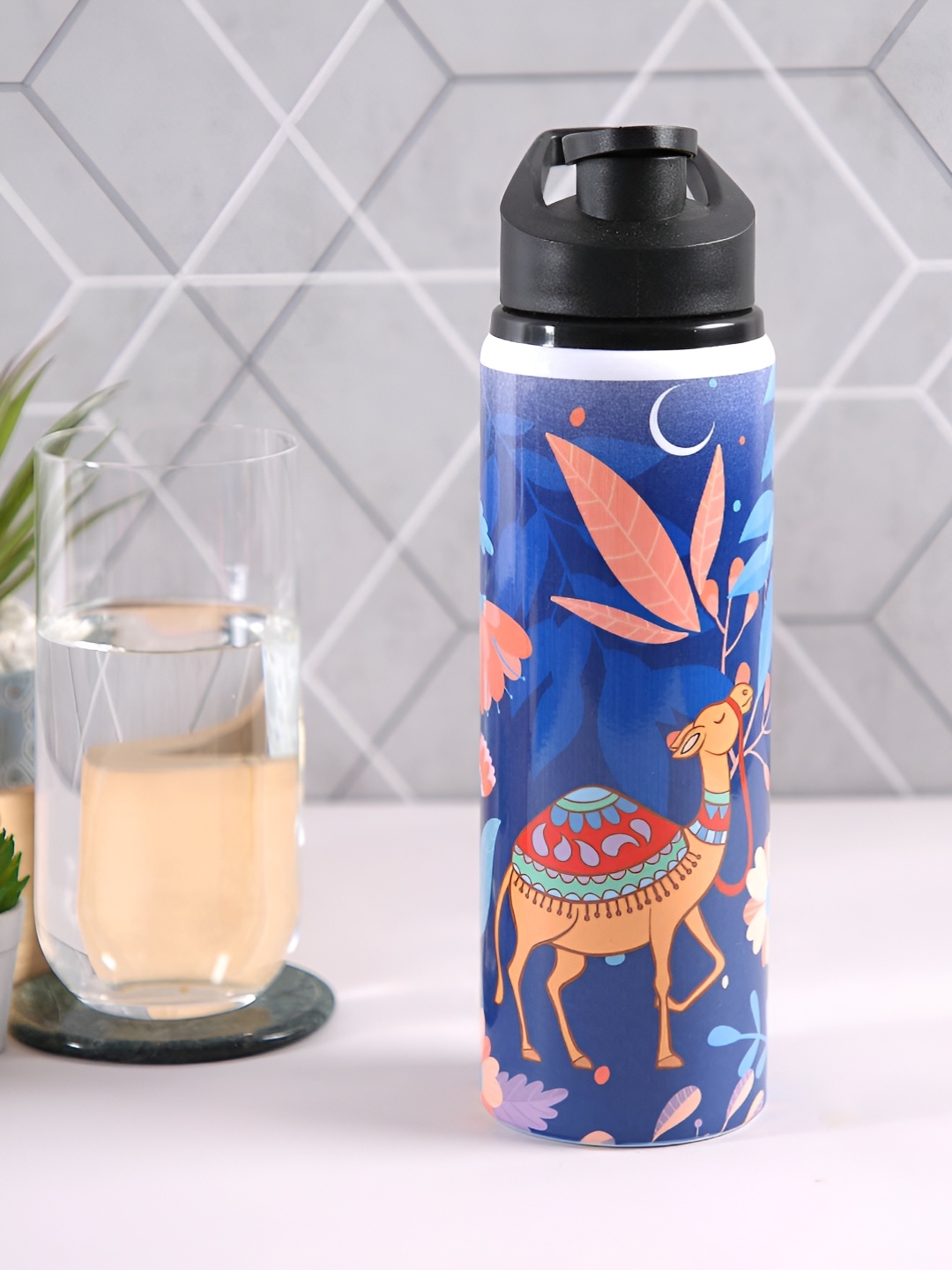 

PENTADECO Navy Blue & White Floral Printed Single Wall Vacuum Water Bottle 750 ml