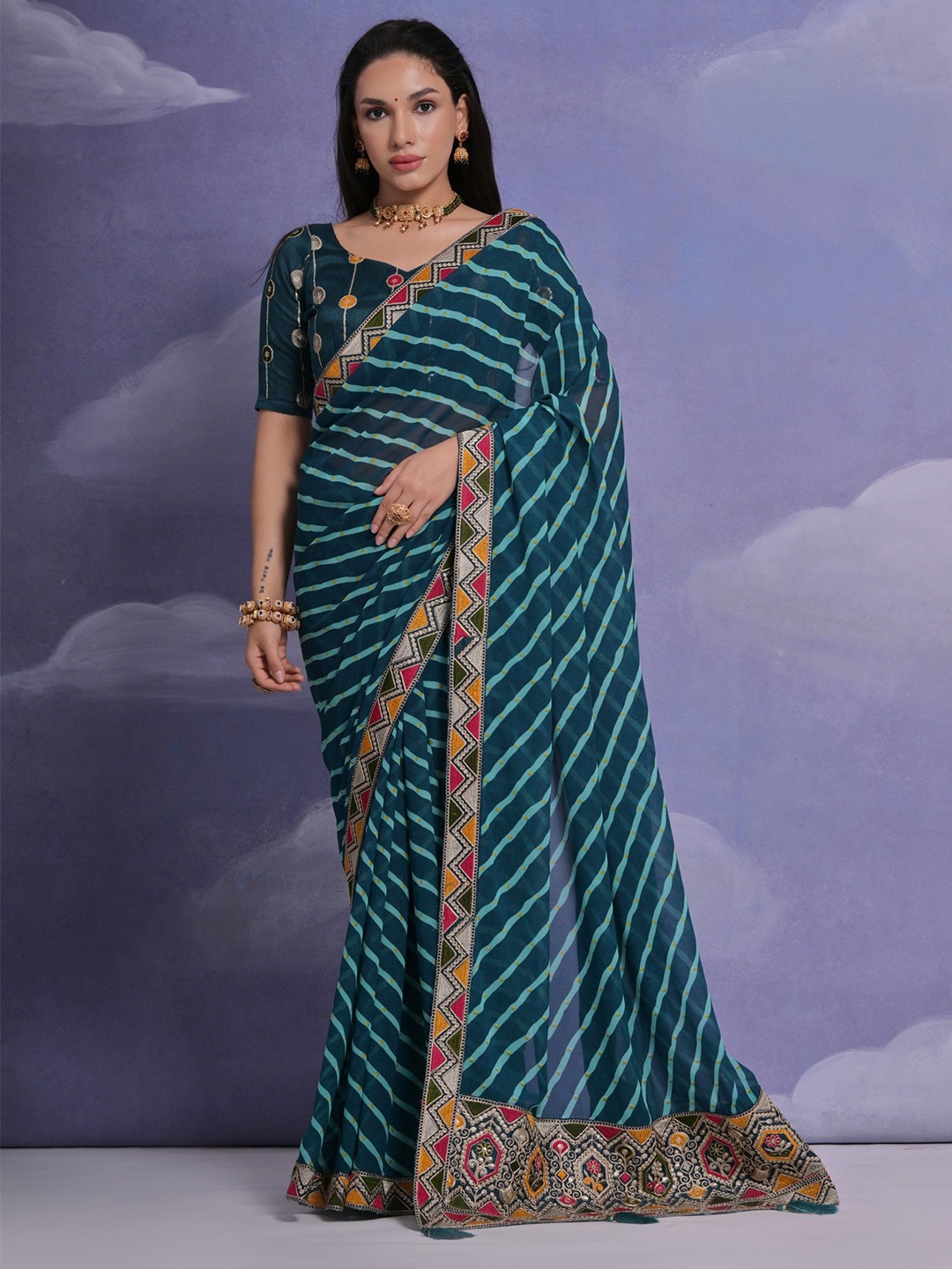 

Panzora Sequence Work Saree With Unstitched Blouse Piece, Teal