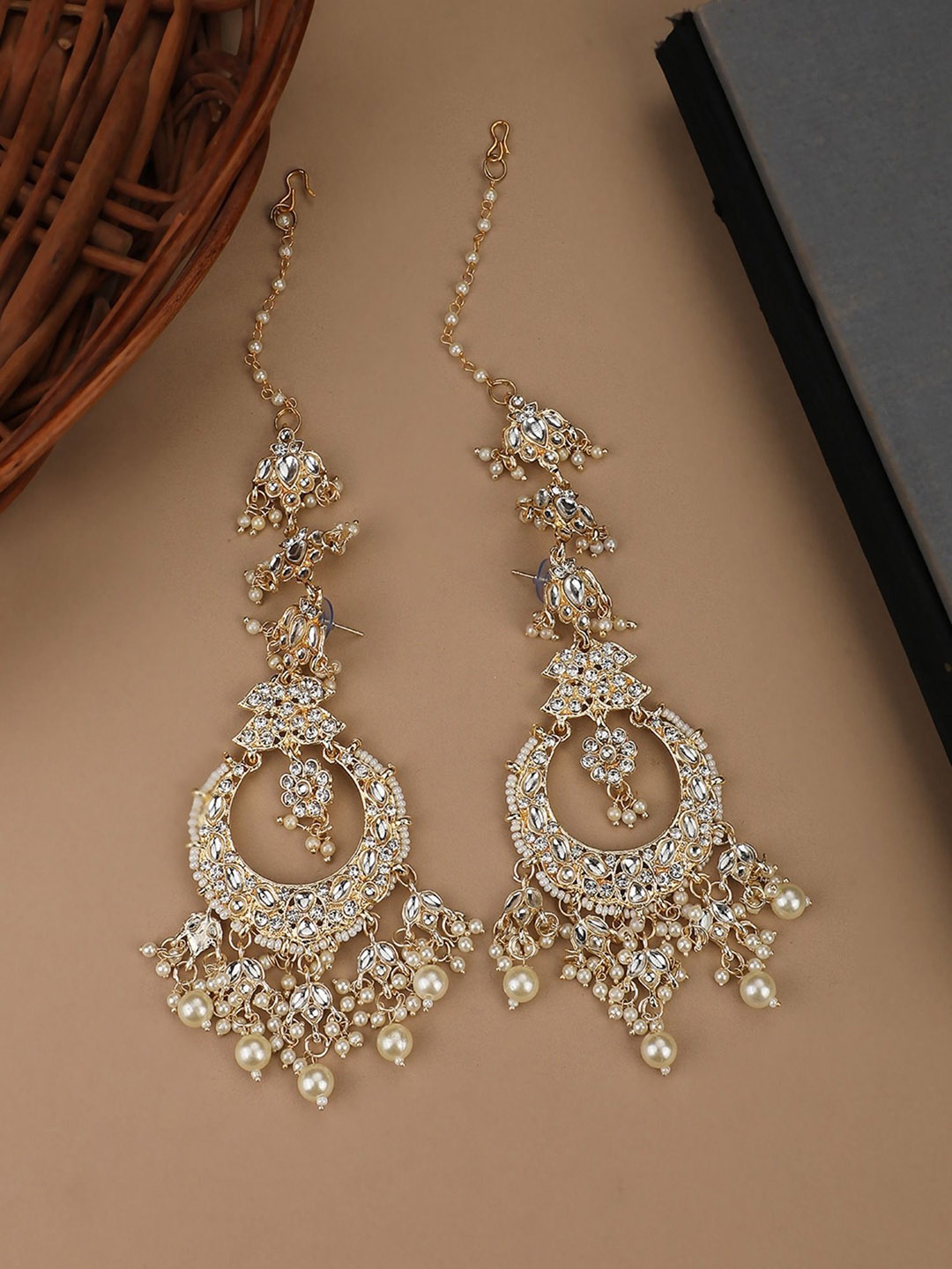 

Anouk Gold Plated Crescent Shaped Artificial Stones & Pearl Beaded Chandbalis
