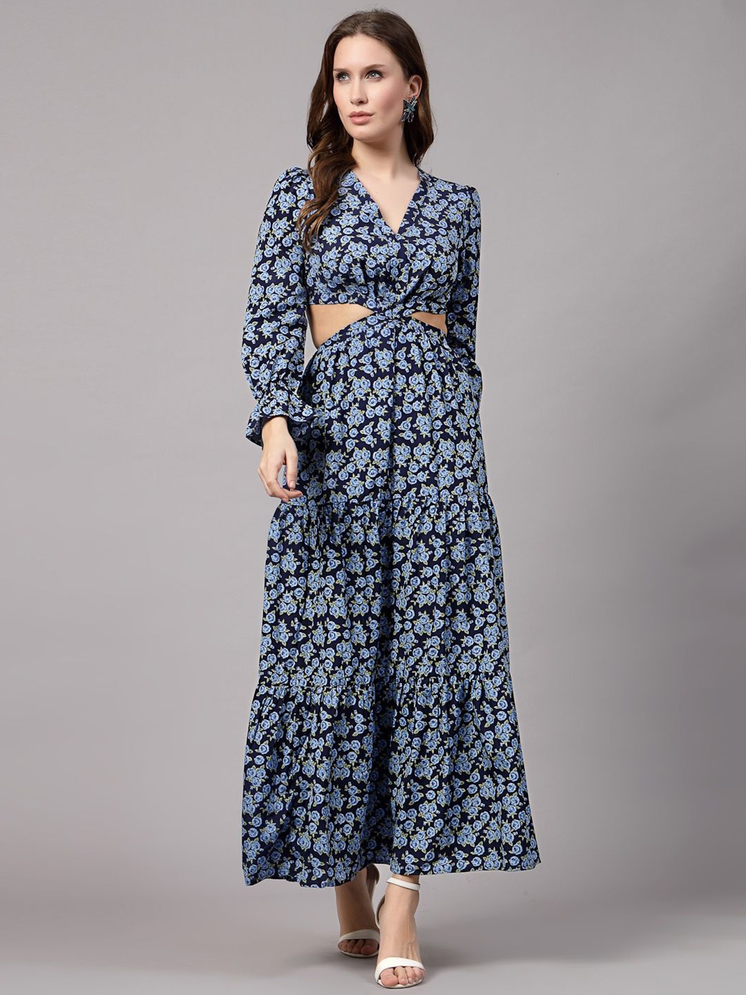

aayu Floral Printed Cuffed Long Sleeve Crepe Fit & Flare Maxi Dress, Blue