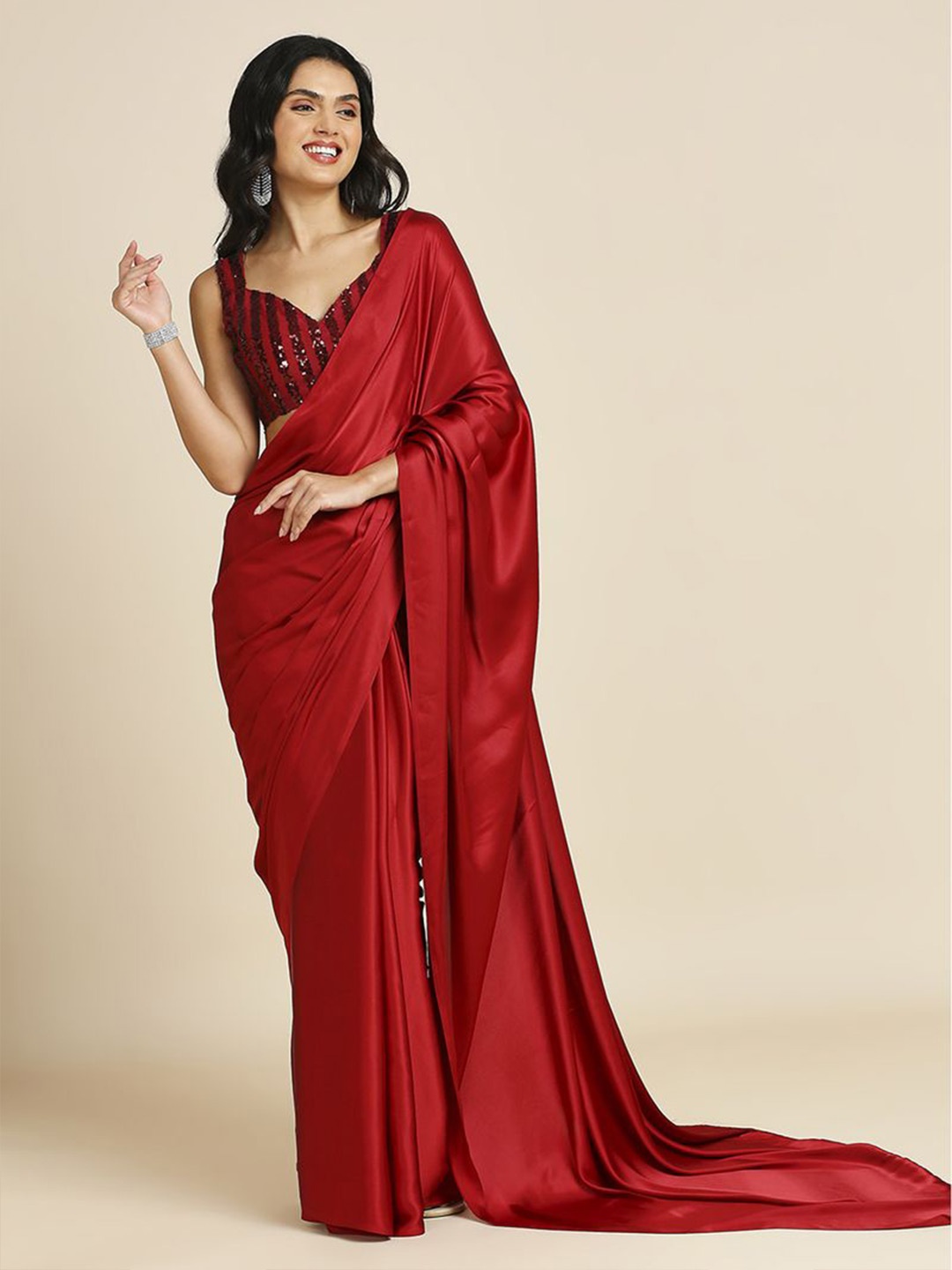 

ASISA Solid Satin Saree, Red