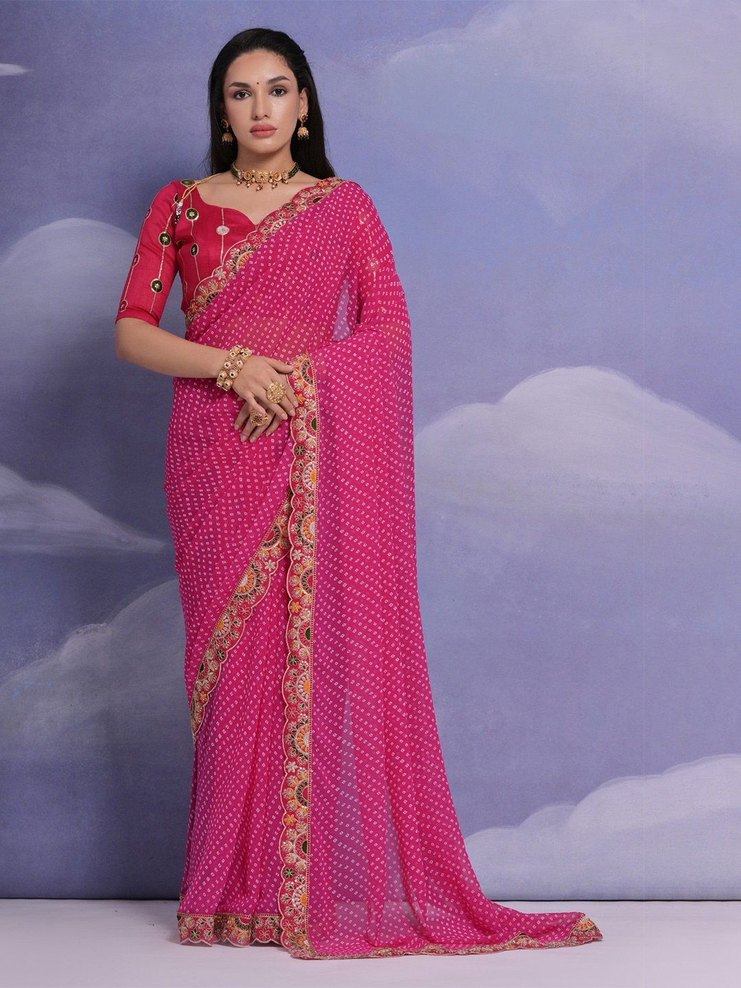 

Panzora Bandhani Sequinned Poly Georgette Saree With Embroidred Border, Pink