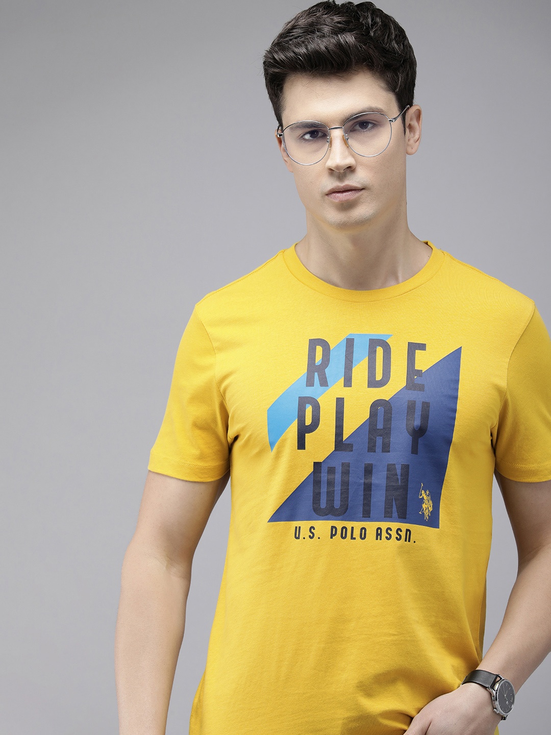 

U.S. Polo Assn. Denim Co. Men Brand Logo Printed Pure Cotton Slim Fit T-shirt, Yellow
