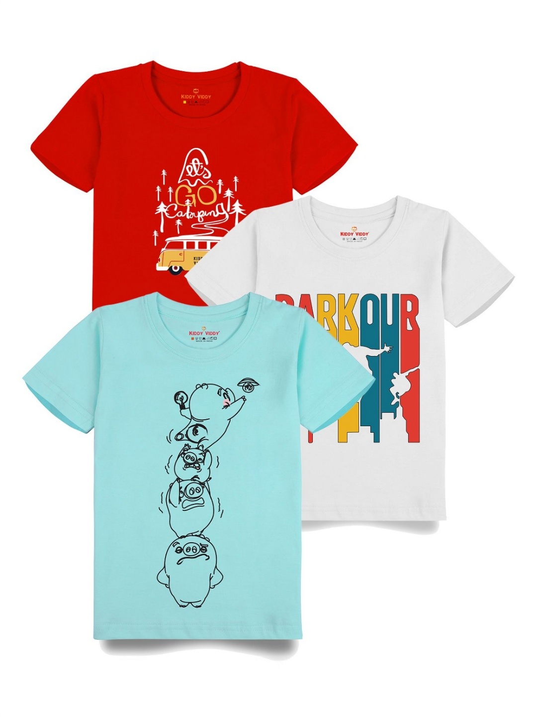 

AUSK Boys Pack Of 3 Graphic Printed Round Neck Cotton T-Shirts, Red