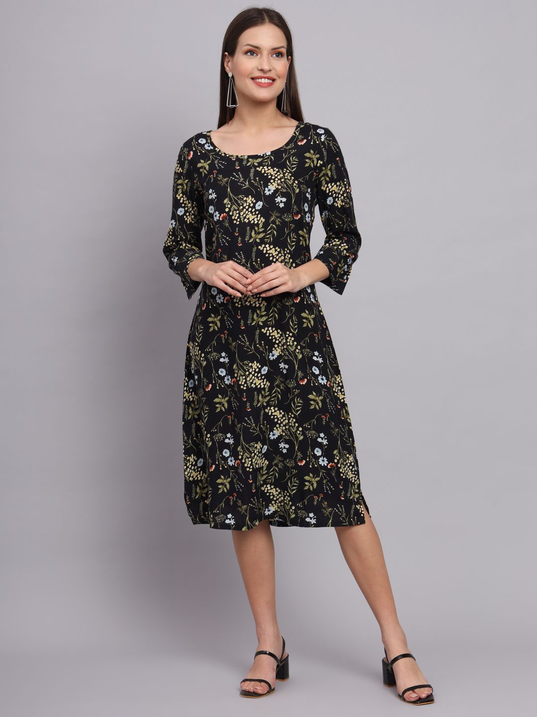 

KALINI Floral Printed A-Line Midi Dress, Black