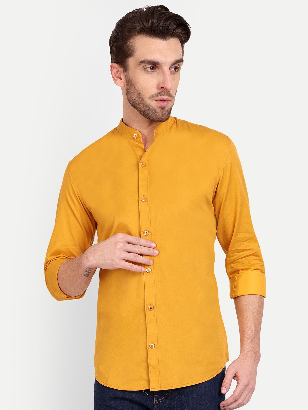 

MEGHZ Men Slim Fit Opaque Casual Shirt, Mustard