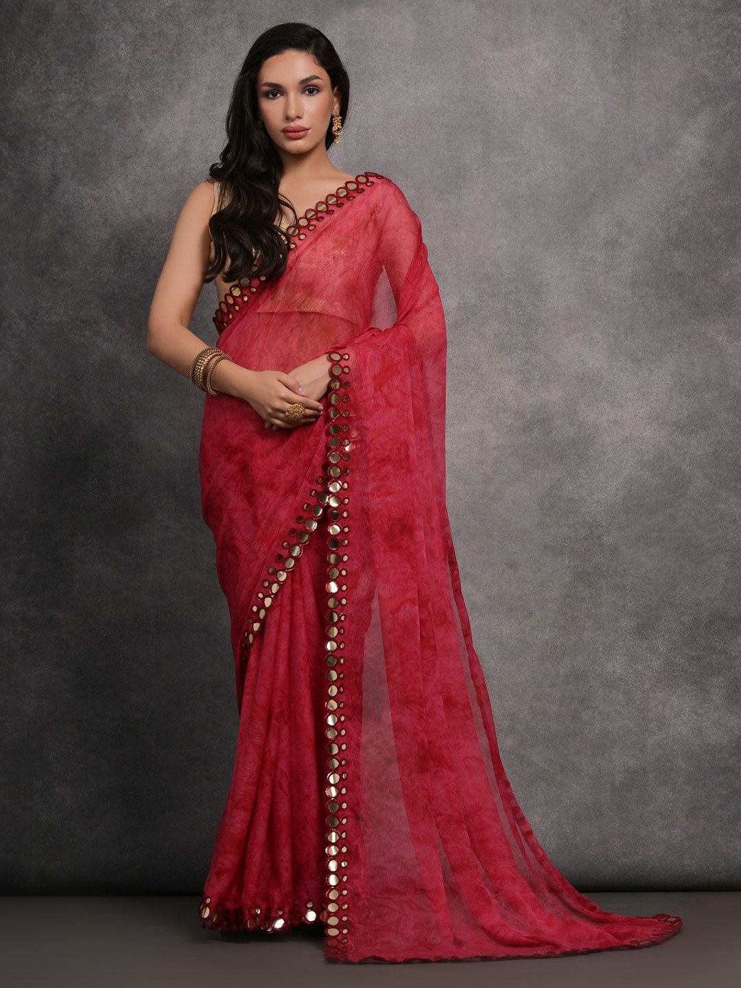 

Panzora Mirror Work Poly Georgette Saree, Pink