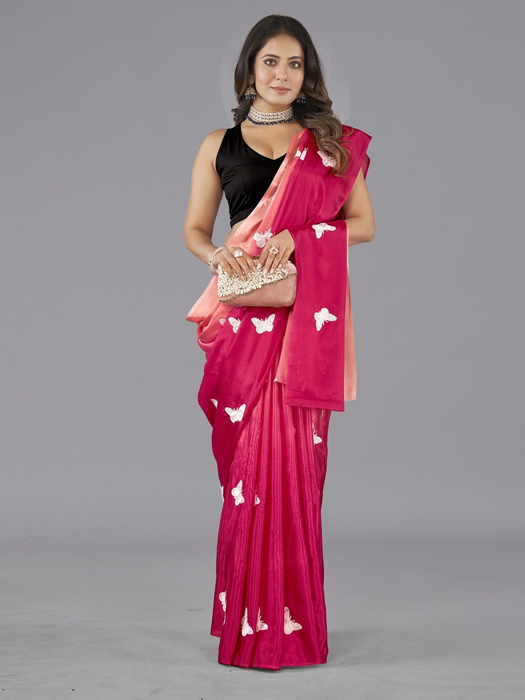 

Aika Ethnic Motifs Embroidered Pure Chiffon Saree, Pink