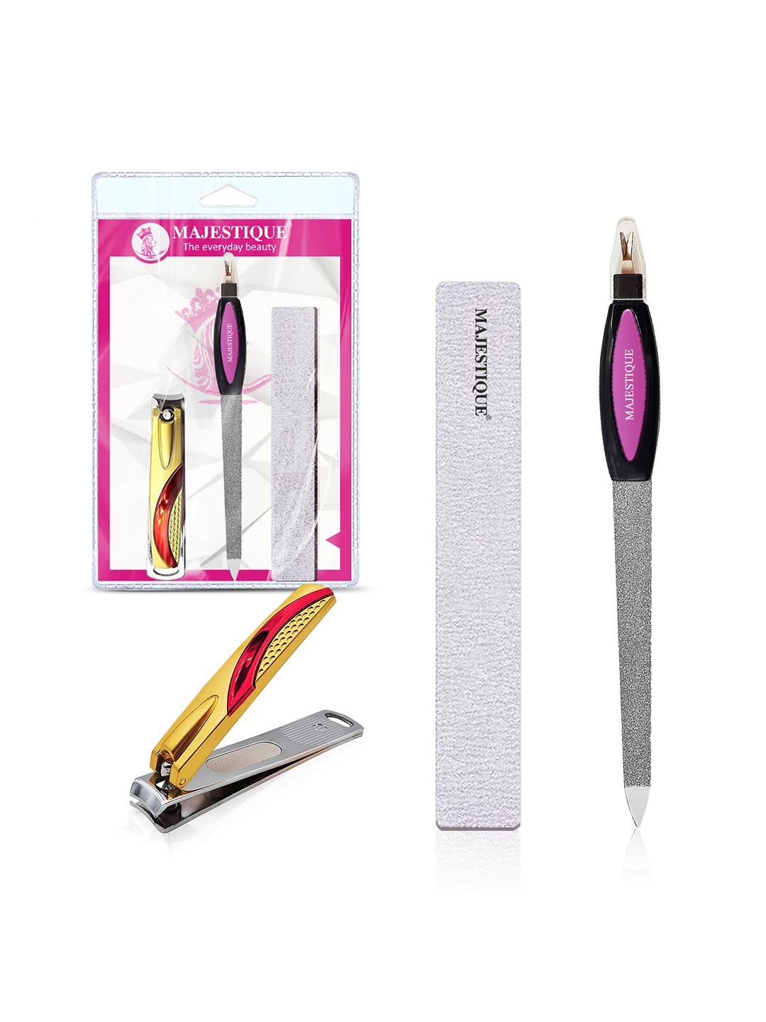 

MAJESTIQUE Nail Filler & Nails Cutter 3 Pcs Double Sided Filer Big Size Nail Cutter Perfect Manicure, Multi