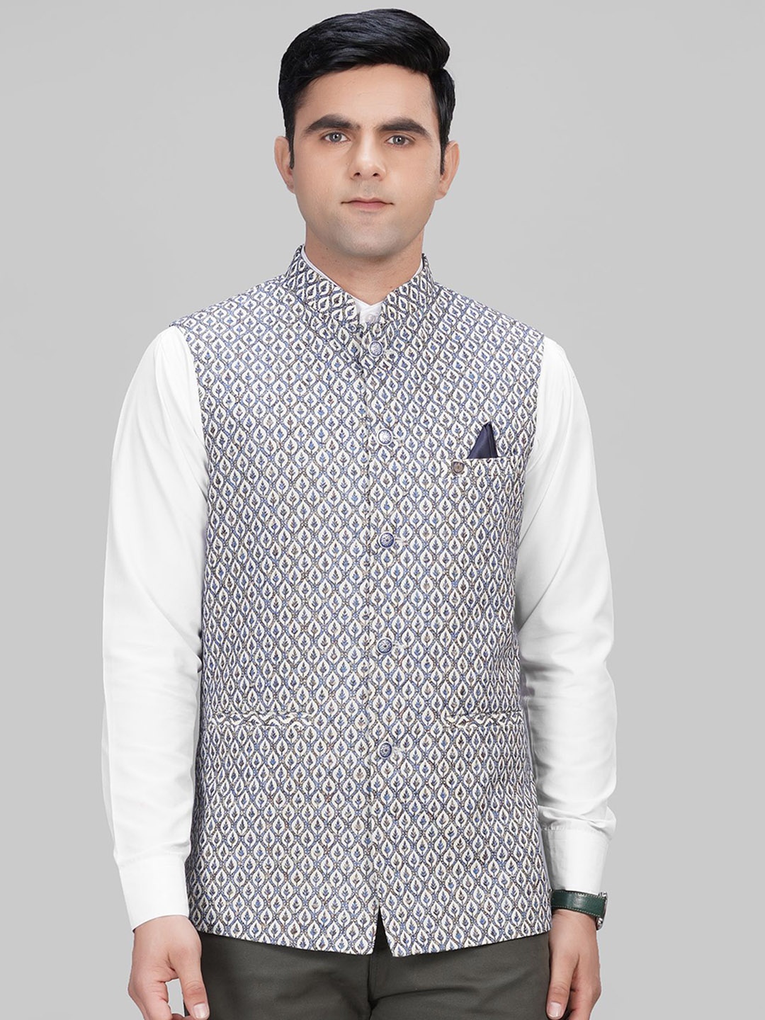 

LA'SCOOT Woven Design Nehru Jacket, Blue