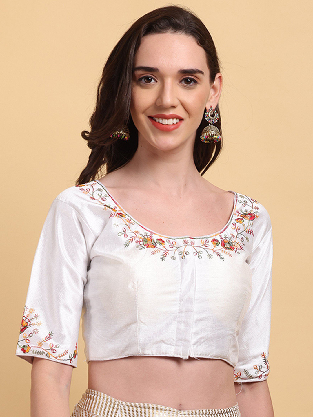 

Globon Impex Ready Made Embroidered Thread Work Saree Blouse, White