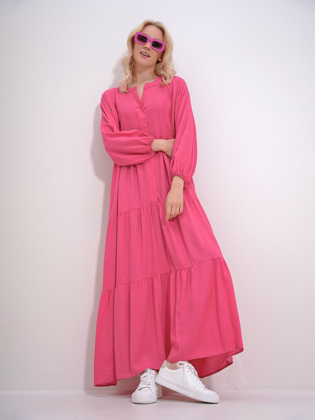 

Trend Alacati stili Puff Sleeve Maxi Dress, Pink