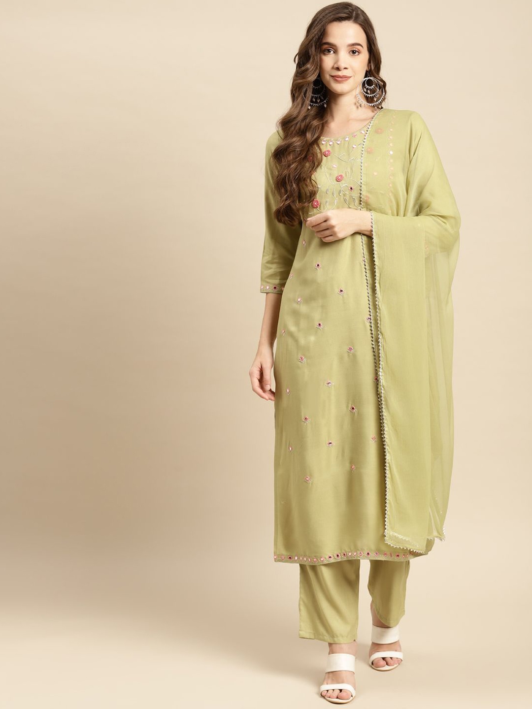 

Rangeelo Women Ethnic Motifs Embroidered Regular Mirror Work Kurta with Palazzos & With Dupatta, Green