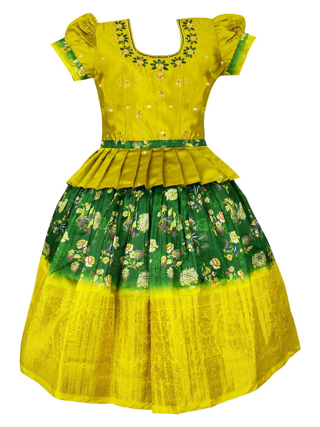 

AMIRTHA FASHION Girls Floral Embroidered ReadyTo Wear Lehenga & Blouse, Lime green