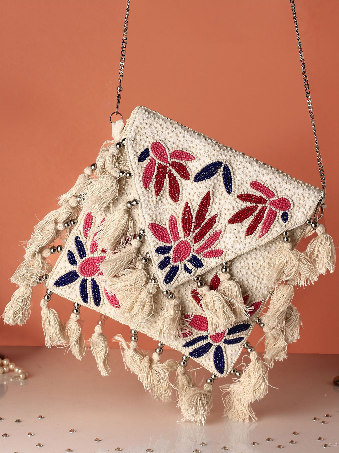

Swisni Embroidered Envelope Banjara Boho Clutch, Cream