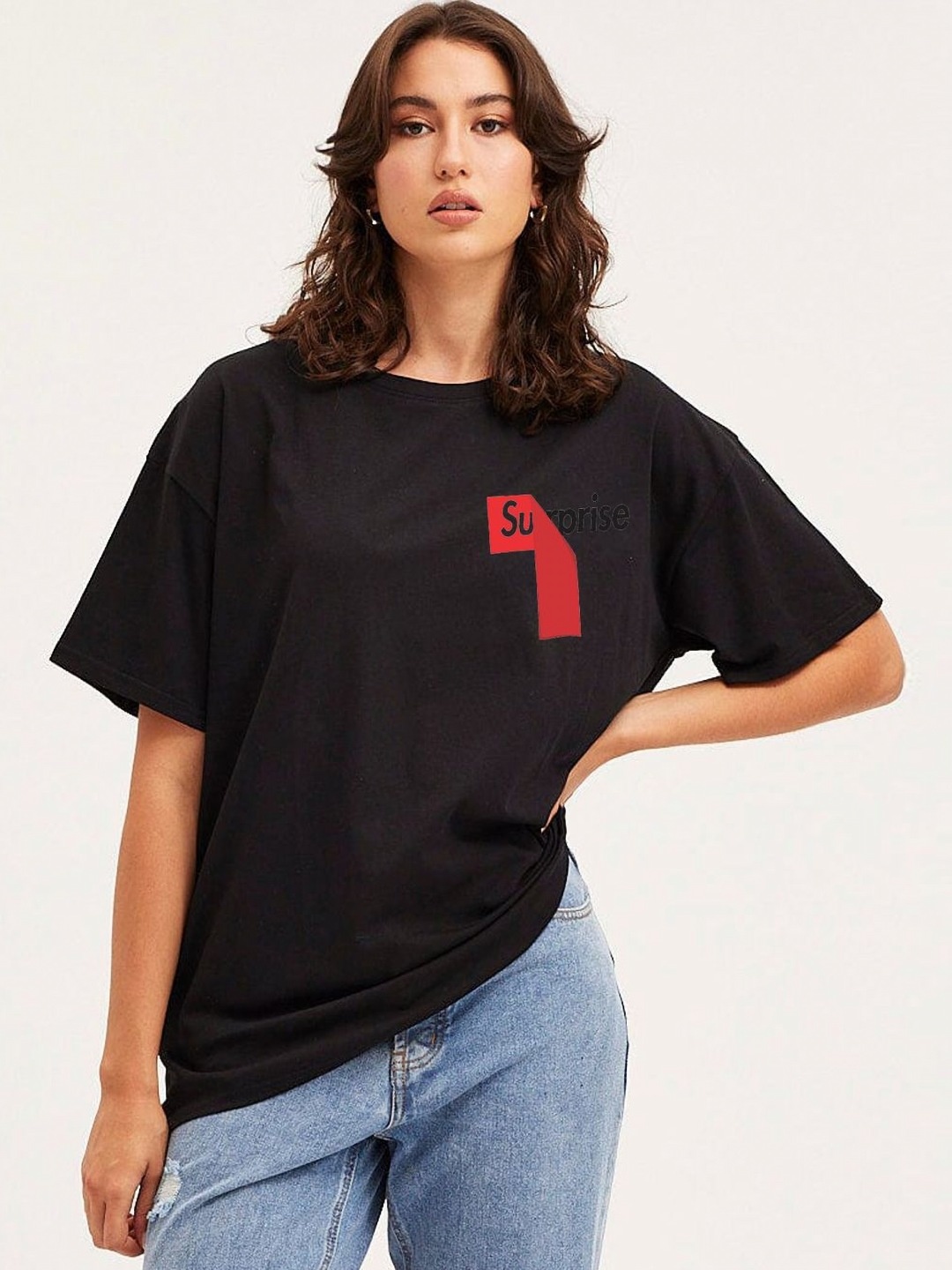 

Genzy Women Typography Printed Drop-Shoulder Sleeves Applique T-shirt, Black