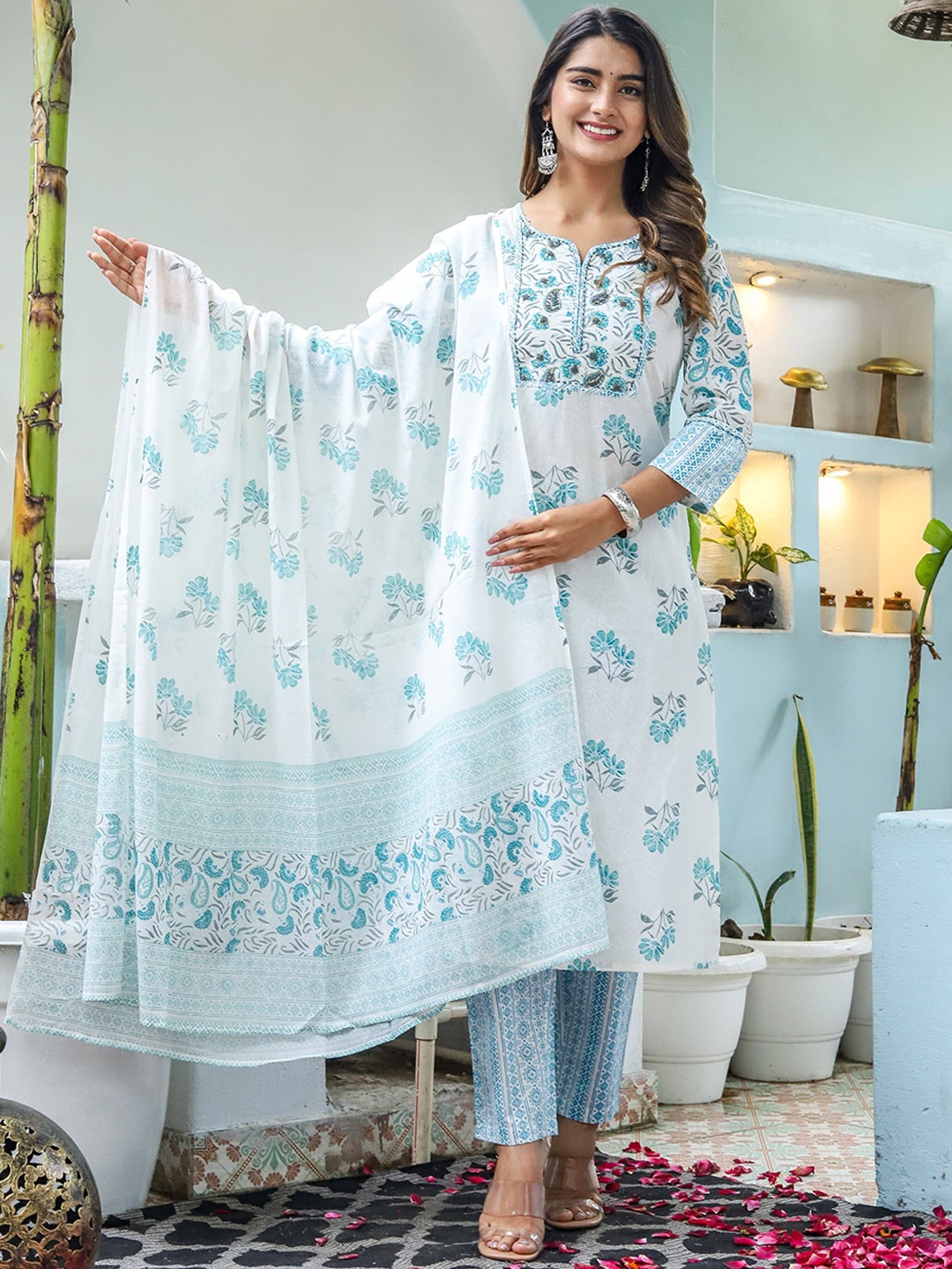 

Chandbaali Women Embroidered Regular Pure Cotton Kurta with Trousers & With Dupatta, Blue