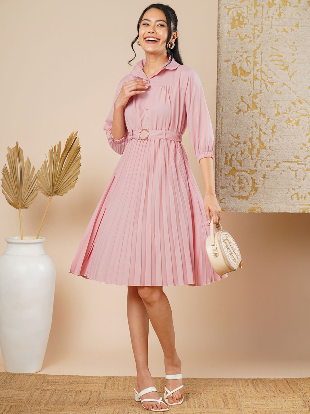 

CARTYSHOP Women Solid Puff Sleeve Crepe Fit & Flare Midi Dress, Pink