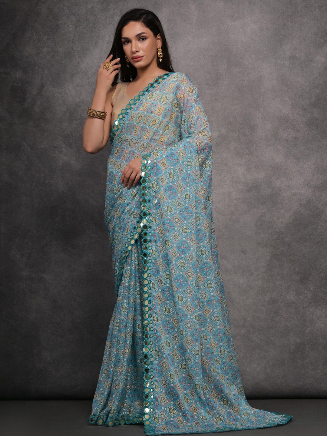 

Panzora Ethnic Motifs Mirror Work Saree, Blue