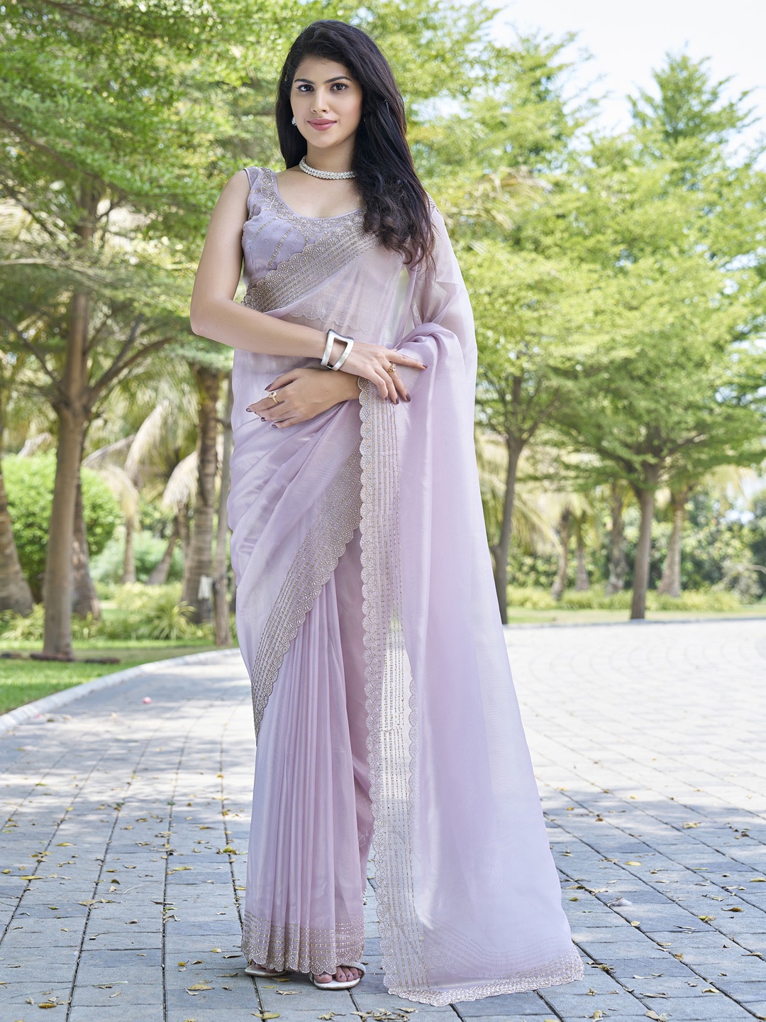 

Saree mall Embellished Beads and Stones Organza Sarees, Mauve