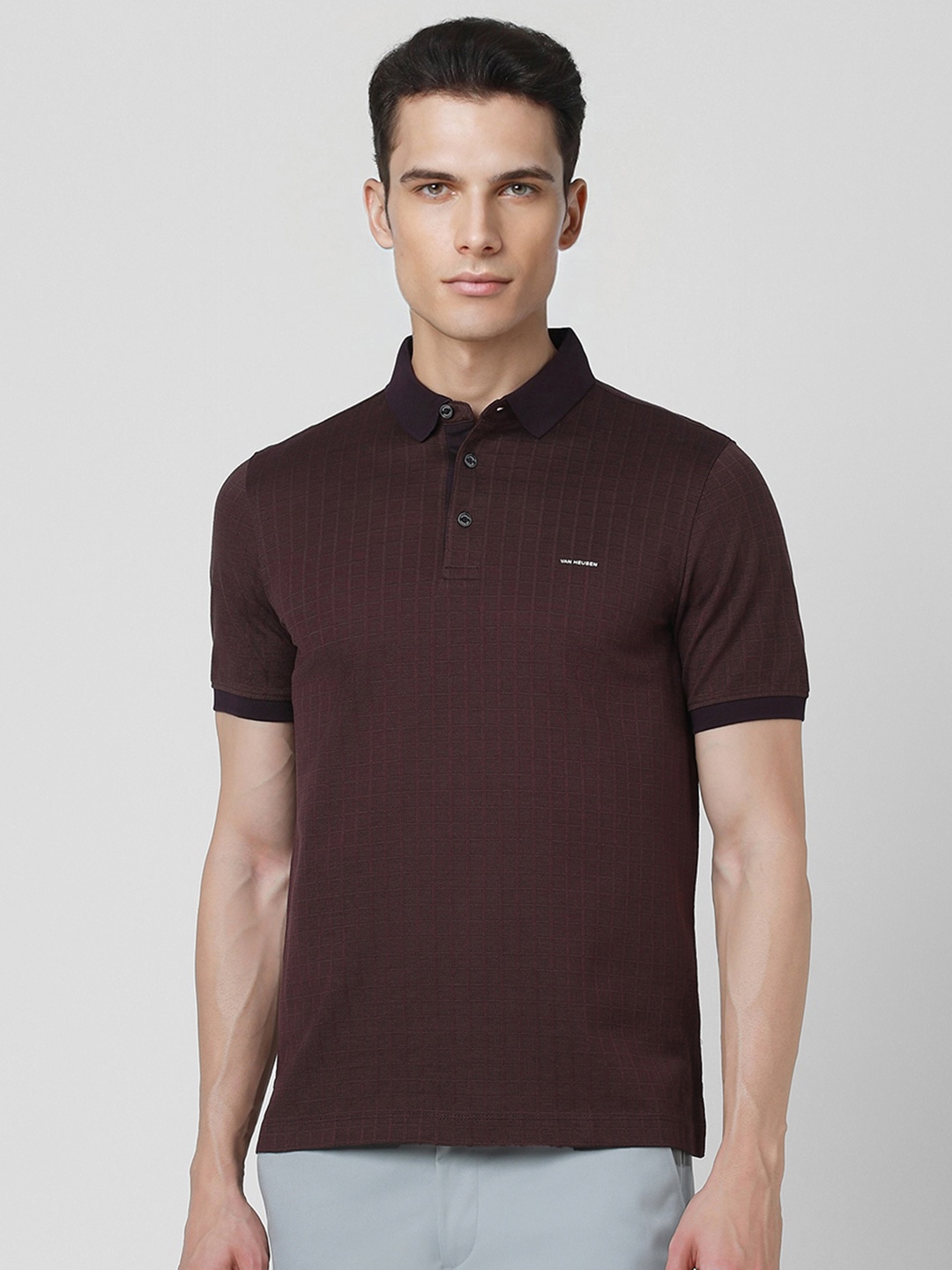 

Van Heusen Checked Polo Collar Pure Cotton T-shirt, Brown