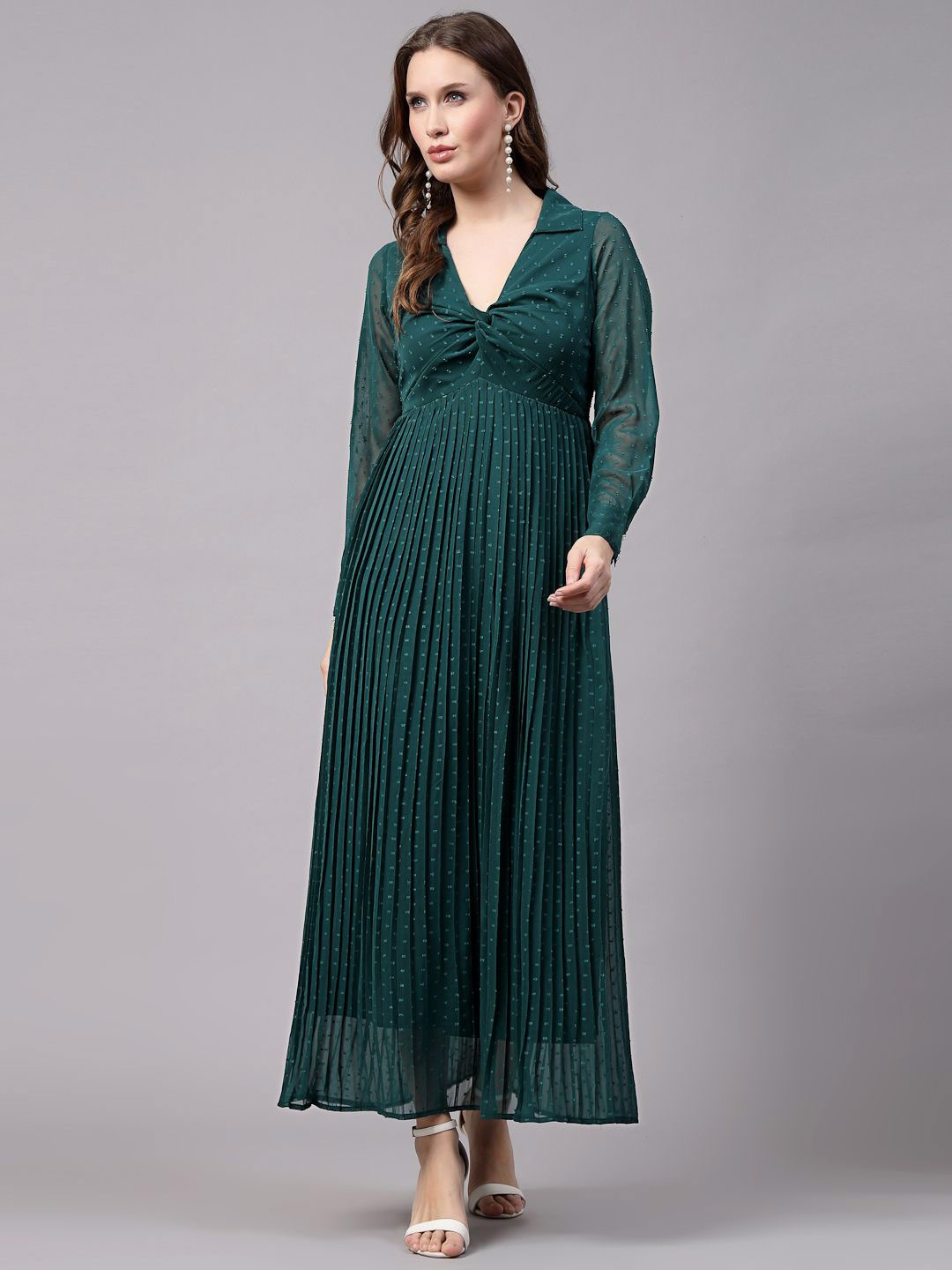 

aayu Solid Shirt Collar Cuffed Sleeves Maxi Dress, Green