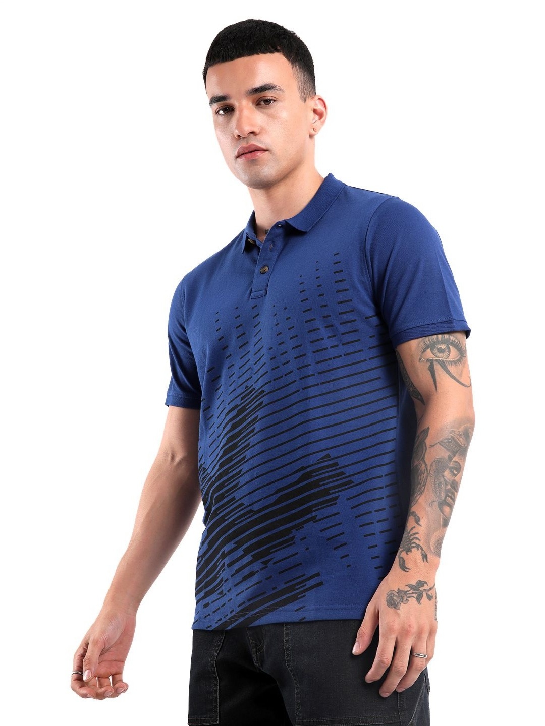 

WROGN Men Abstract Printed Polo Collar Cotton T-shirt, Blue