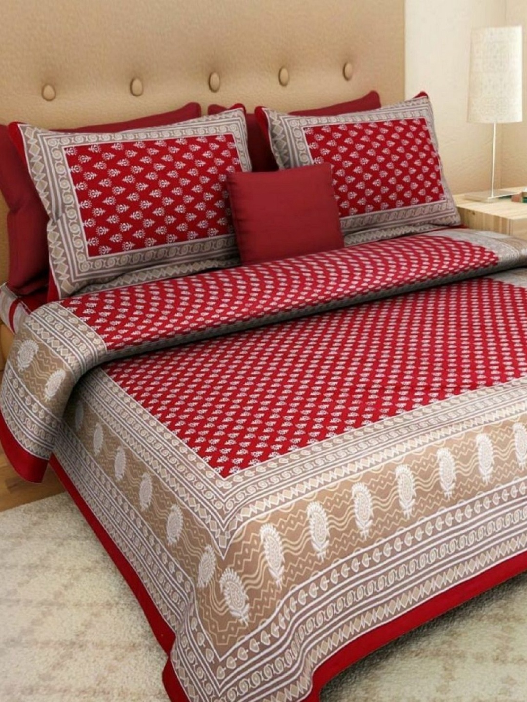 

AYAT COLLECTION Red & White Ethnic Motifs 144 TC Queen Bedsheet with 2 Pillow Covers