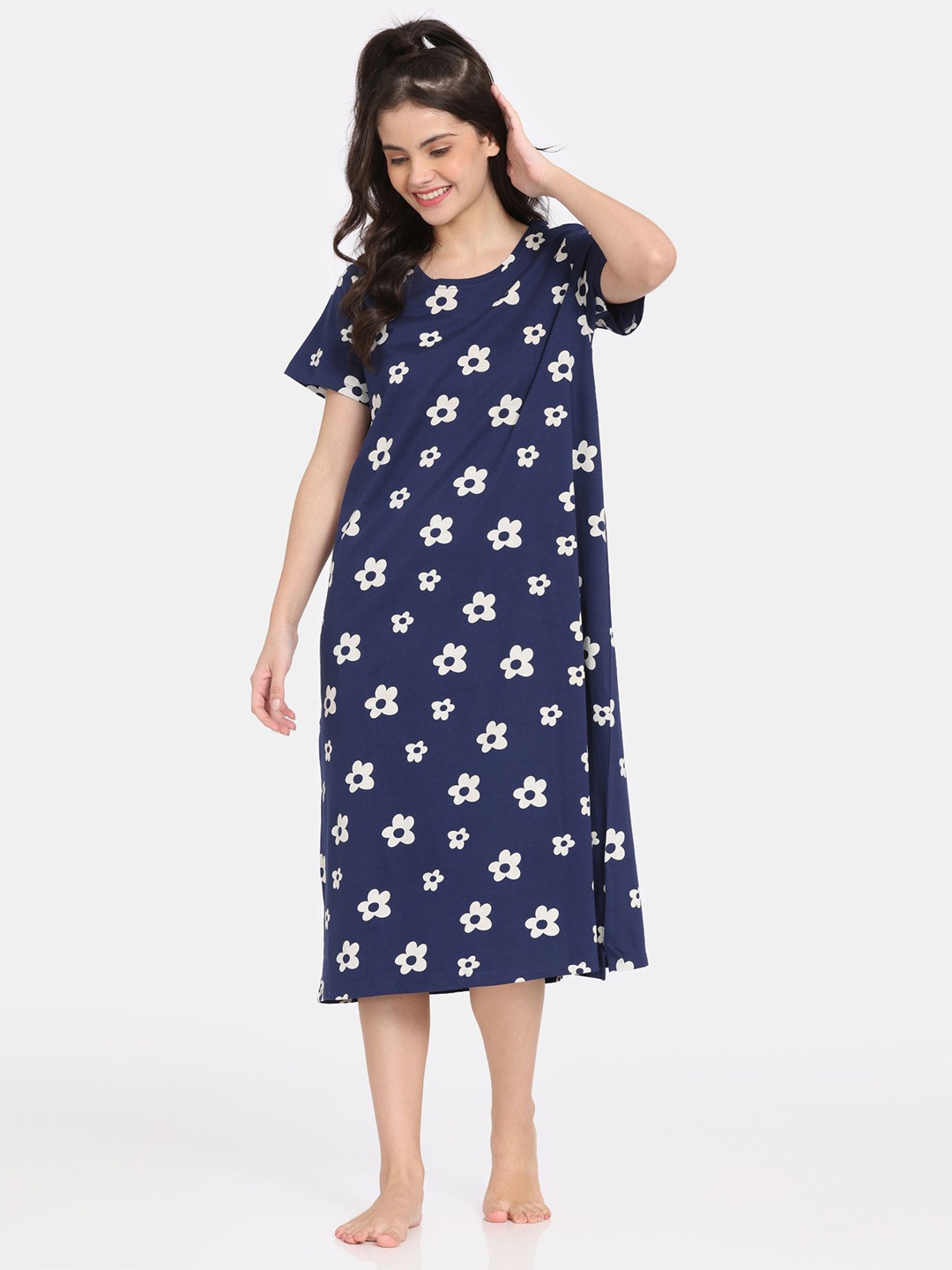 

Rosaline by Zivame Women Floral Printed Pure Cotton Nightdress, Blue