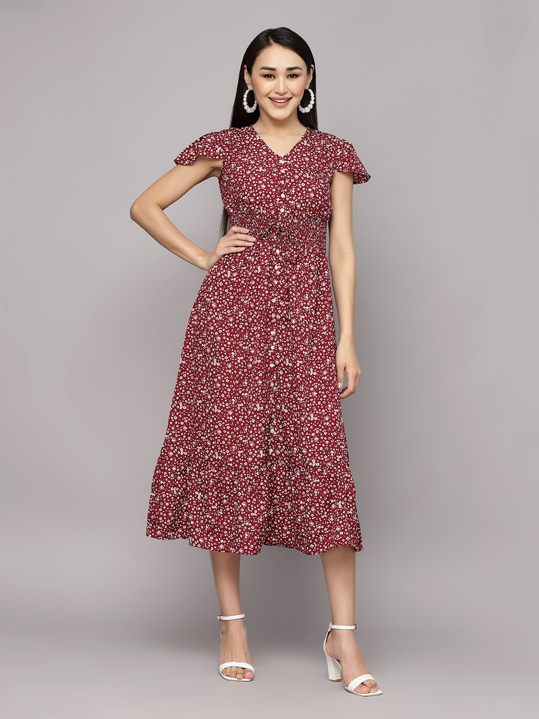 

aayu Floral Printed Fit & Flare Midi Dress, Maroon