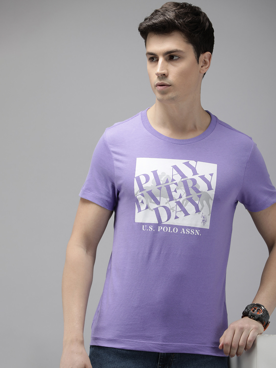 

U.S. Polo Assn. Denim Co. Graphic Printed Pure Cotton Slim Fit T-shirt, Purple