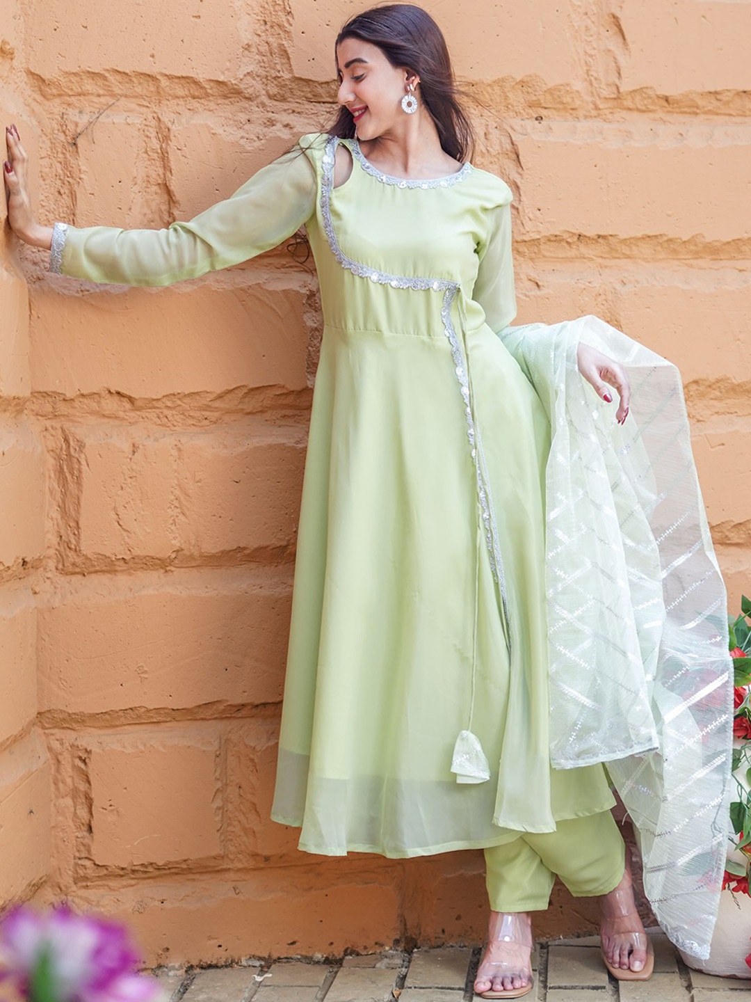 

GO BOUJEE Anarkali Sequinned Organza Kurta with Trousers & Dupatta, Green